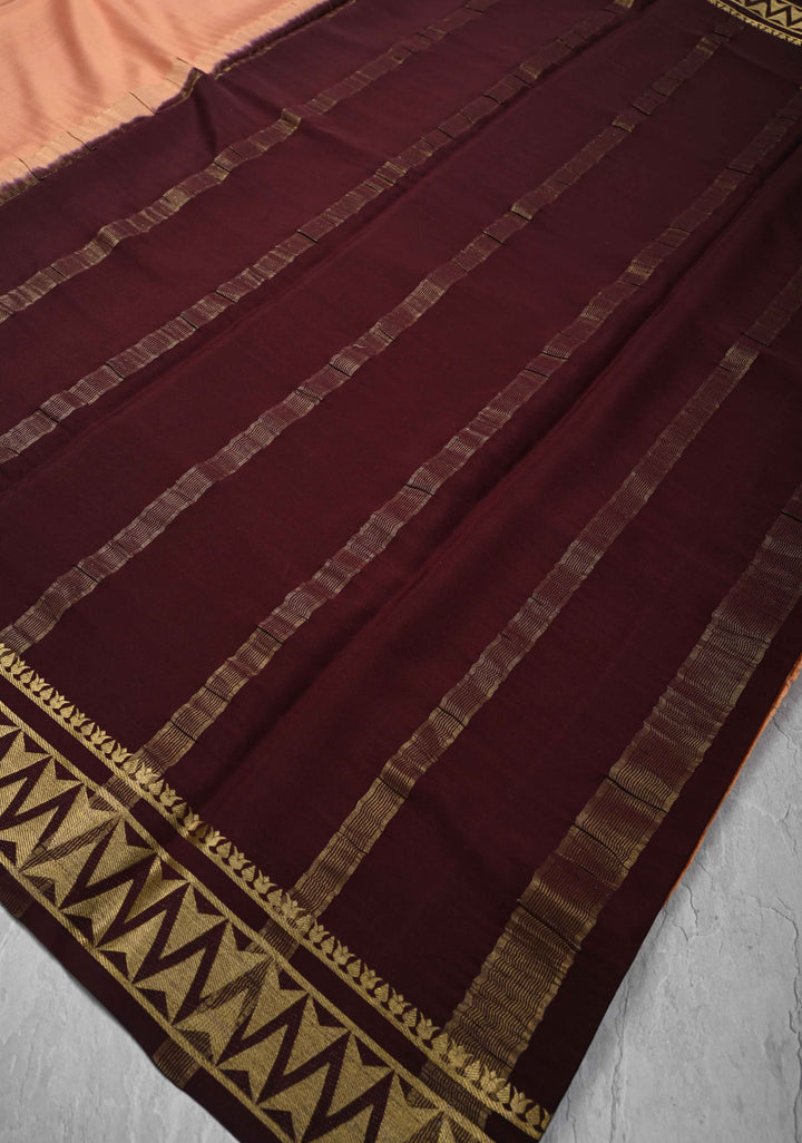 Dusty Peach Mysore Silk Saree with Contrast Zari Border | SILK MARK CERTIFIED