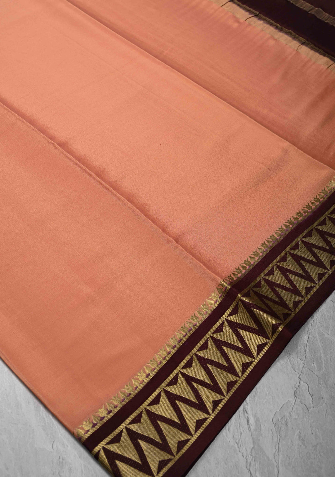 Dusty Peach Mysore Silk Saree with Contrast Zari Border | SILK MARK CERTIFIED
