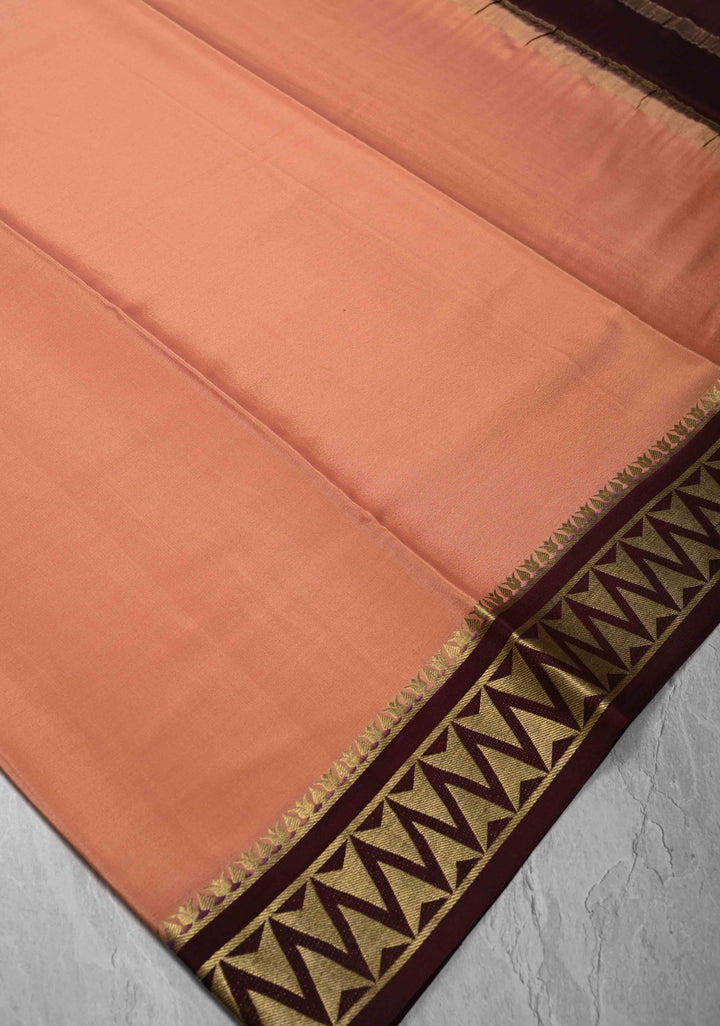 Dusty Peach Mysore Silk Saree with Contrast Zari Border | SILK MARK CERTIFIED