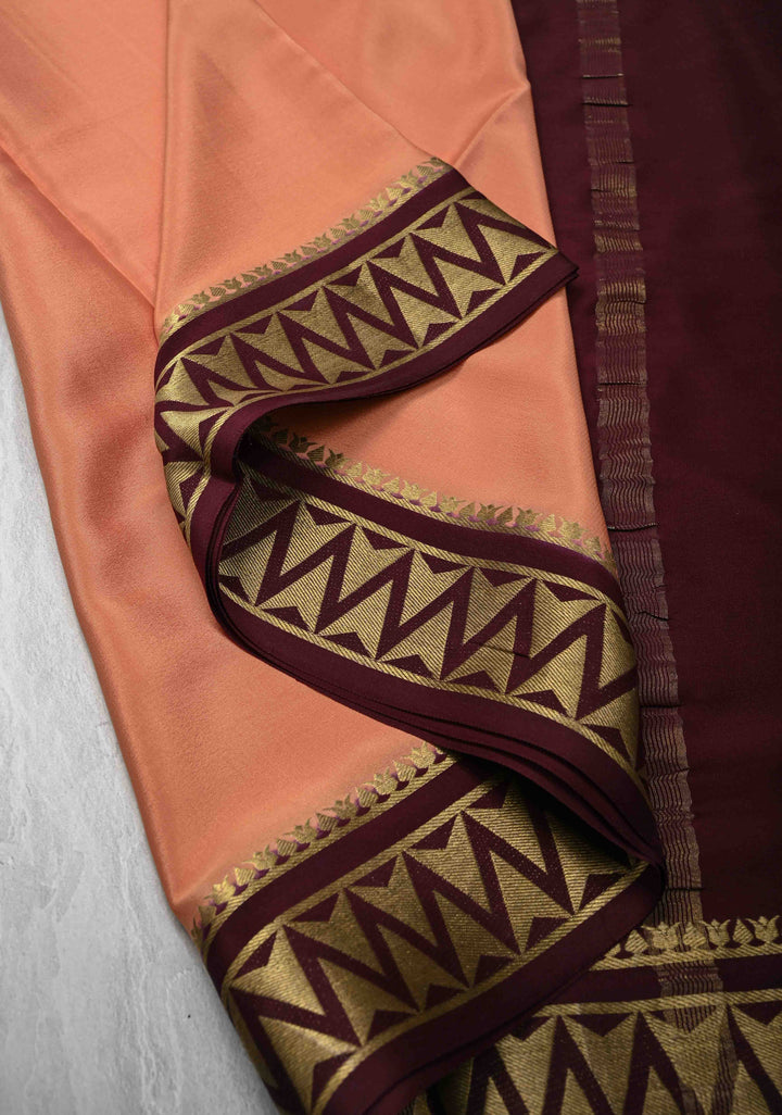 Dusty Peach Mysore Silk Saree with Contrast Zari Border | SILK MARK CERTIFIED
