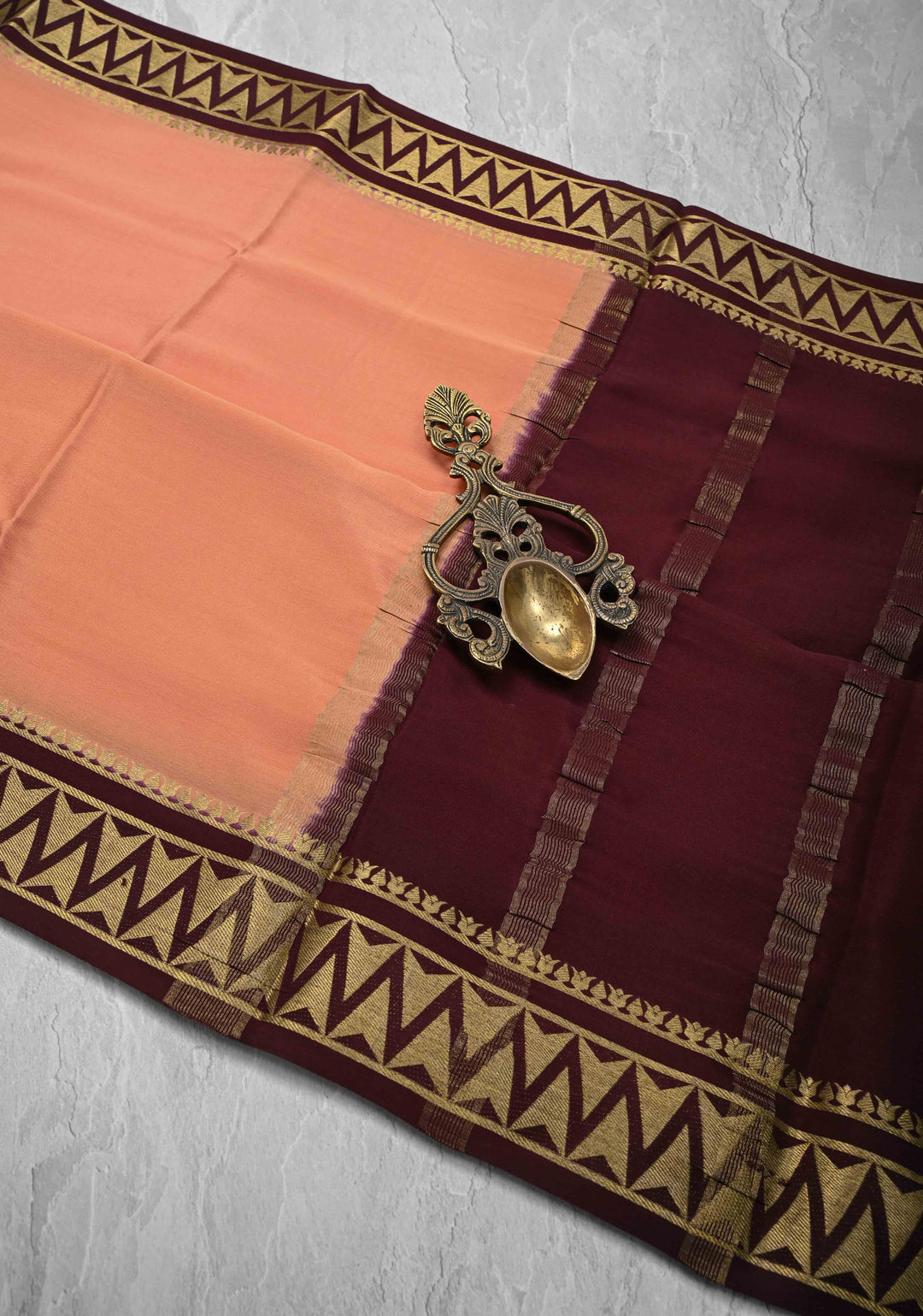 Dusty Peach Mysore Silk Saree with Contrast Zari Border | SILK MARK CERTIFIED