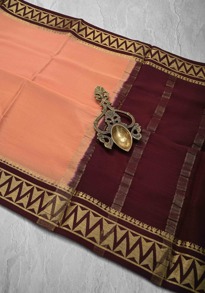 Dusty Peach Mysore Silk Saree with Contrast Zari Border | SILK MARK CERTIFIED