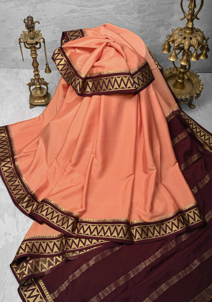 Dusty Peach Mysore Silk Saree with Contrast Zari Border | SILK MARK CERTIFIED