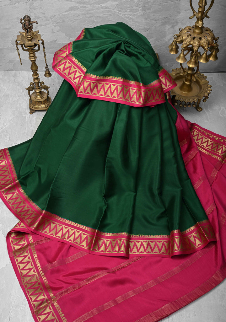 Emerald Green  Mysore Silk Saree with Contrast Zari Border | SILK MARK CERTIFIED