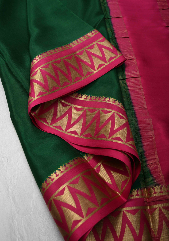 Emerald Green  Mysore Silk Saree with Contrast Zari Border | SILK MARK CERTIFIED