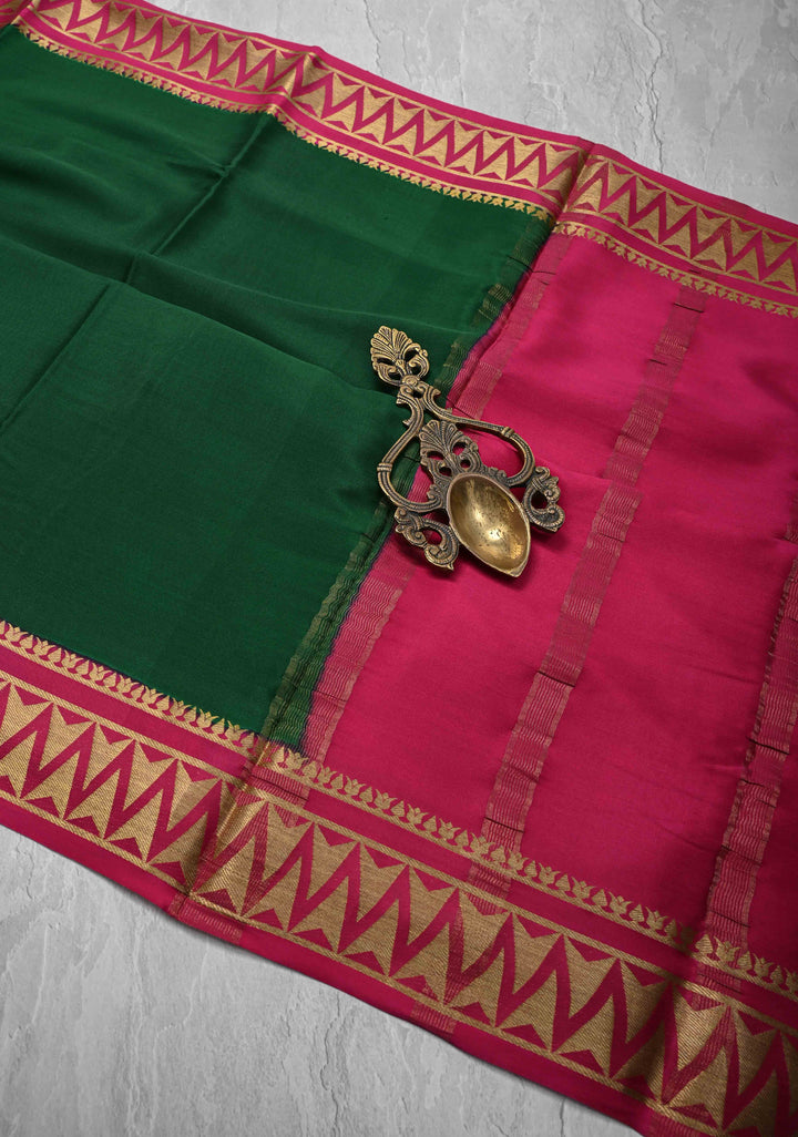 Emerald Green  Mysore Silk Saree with Contrast Zari Border | SILK MARK CERTIFIED