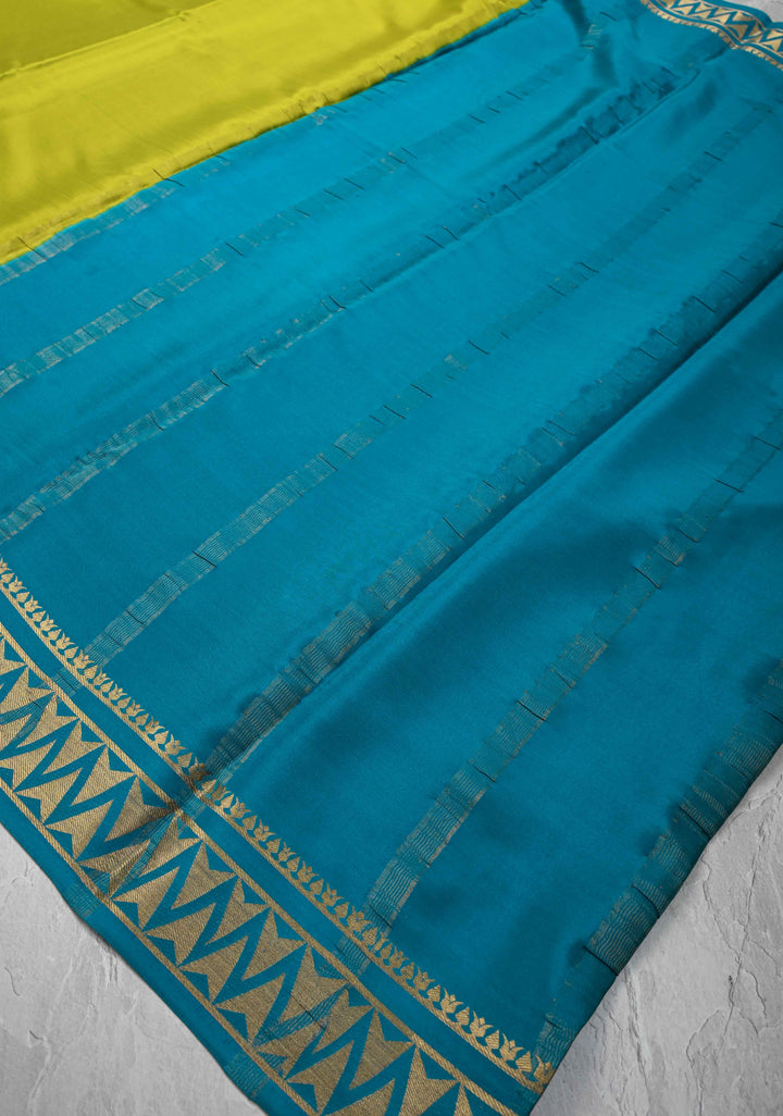 Chartreuse Mysore Silk Saree with Contrast Zari Border | SILK MARK CERTIFIED