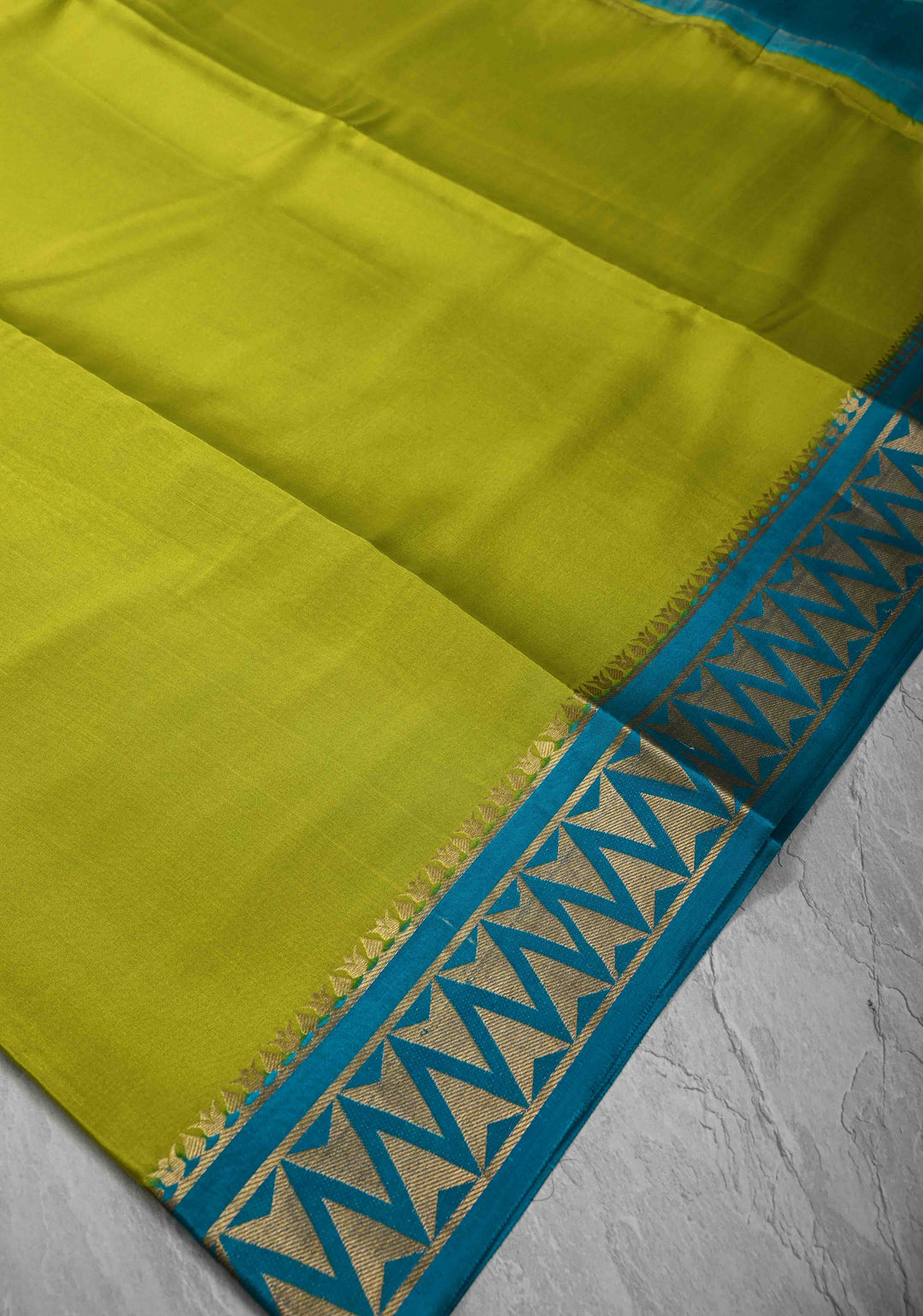 Chartreuse Mysore Silk Saree with Contrast Zari Border | SILK MARK CERTIFIED