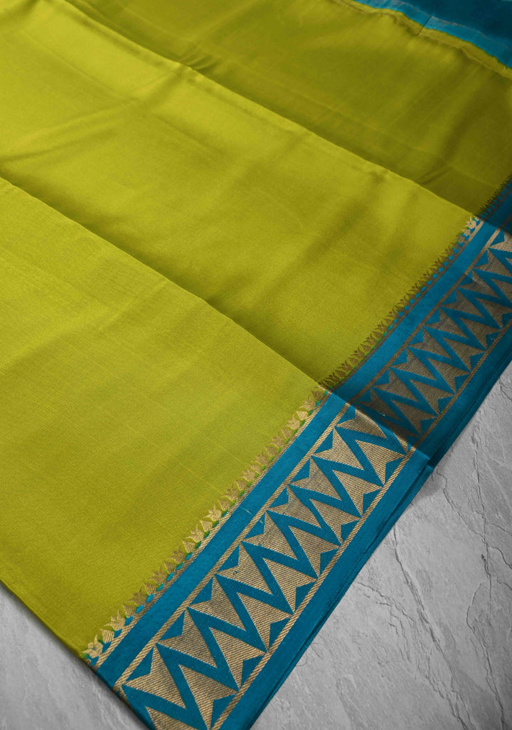Chartreuse Mysore Silk Saree with Contrast Zari Border | SILK MARK CERTIFIED
