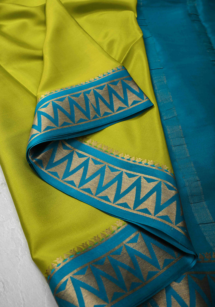 Chartreuse Mysore Silk Saree with Contrast Zari Border | SILK MARK CERTIFIED