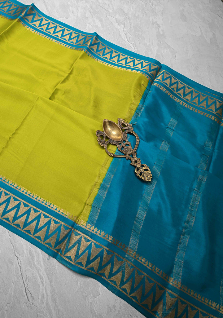 Chartreuse Mysore Silk Saree with Contrast Zari Border | SILK MARK CERTIFIED