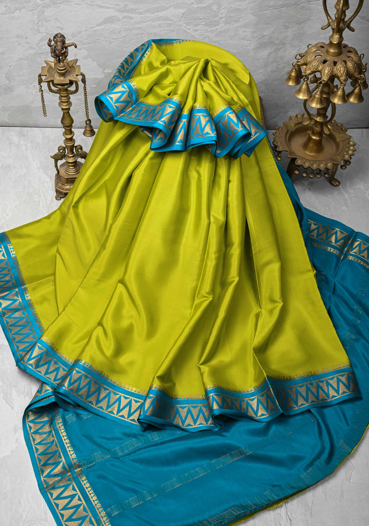 Chartreuse Mysore Silk Saree with Contrast Zari Border | SILK MARK CERTIFIED