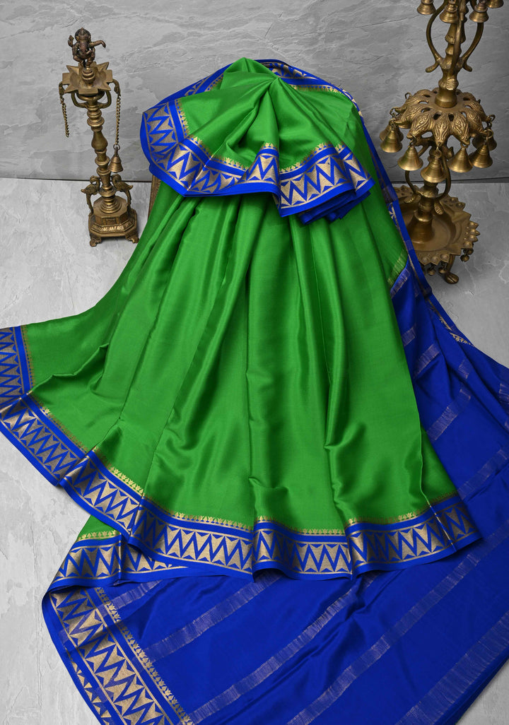 Parrot Green Mysore Silk Saree with Contrast Zari Border| SILK MARK CERTIFIED