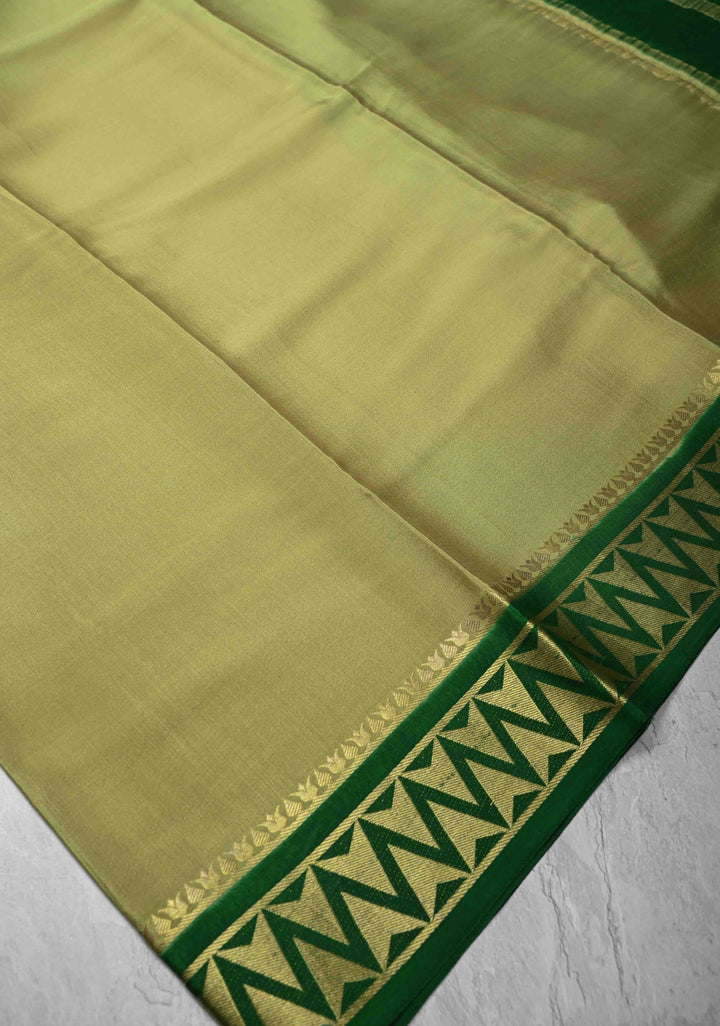 Moss Green Mysore Silk Saree with Contrast Zari Border | SILK MARK CERTIFIED