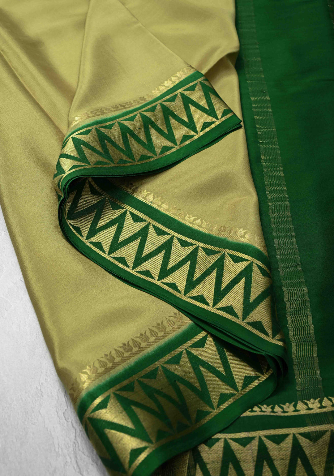 Moss Green Mysore Silk Saree with Contrast Zari Border | SILK MARK CERTIFIED
