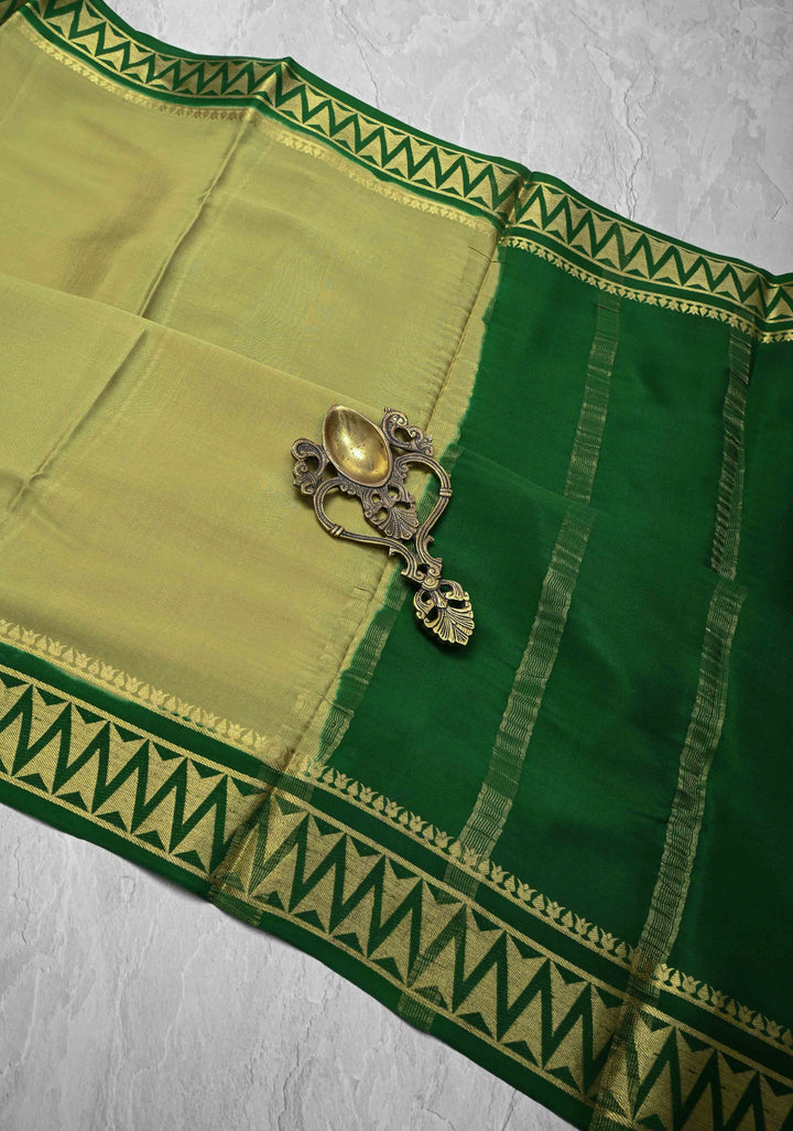 Moss Green Mysore Silk Saree with Contrast Zari Border | SILK MARK CERTIFIED