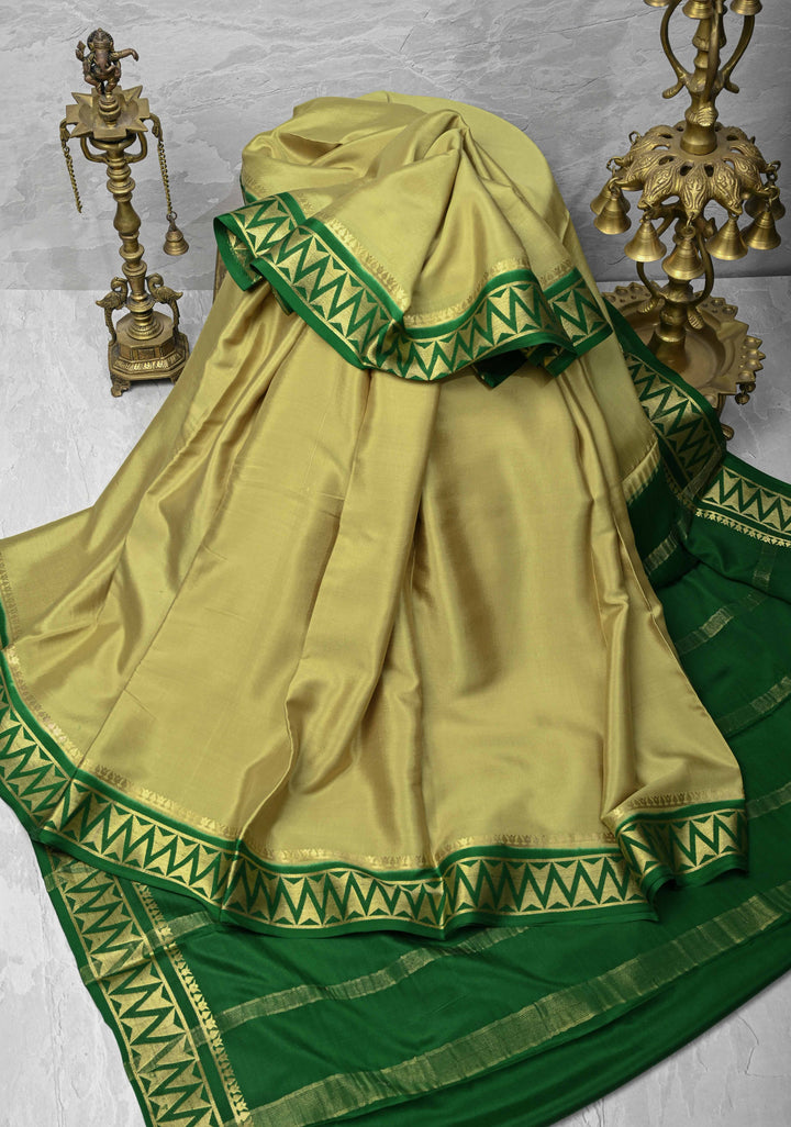Moss Green Mysore Silk Saree with Contrast Zari Border | SILK MARK CERTIFIED