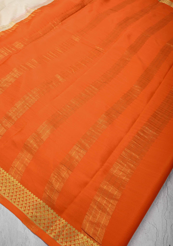 Mubaggam 3-Part Mysore Silk Saree in Orange with Ivory and Dark Pink With Horizontal Zari stripes and Half Border in KSIC Grade Thickness | SILK MARK CERTIFIED