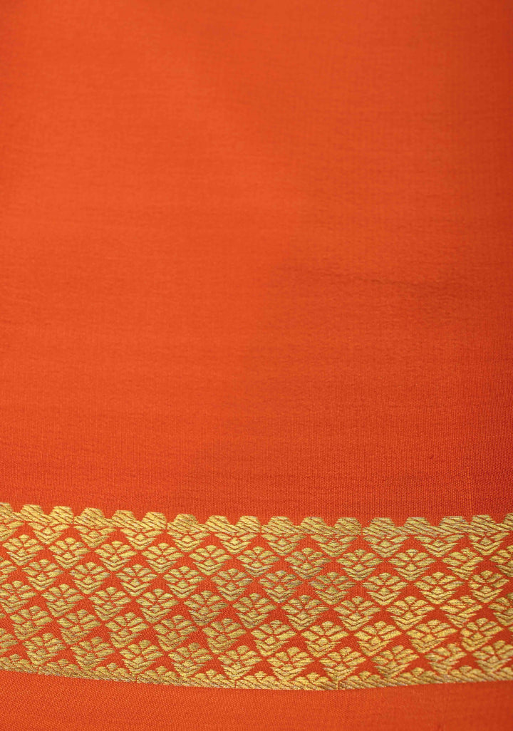 Mubaggam 3-Part Mysore Silk Saree in Orange with Ivory and Dark Pink With Horizontal Zari stripes and Half Border in KSIC Grade Thickness | SILK MARK CERTIFIED