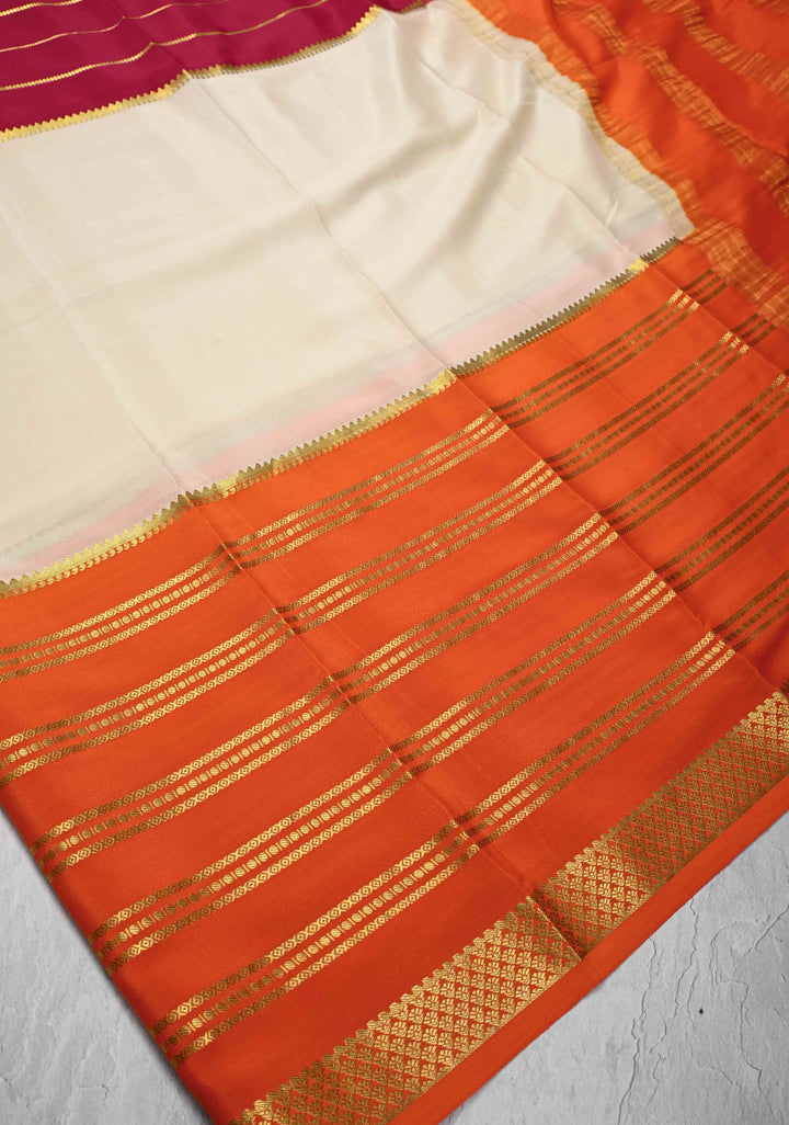 Mubaggam 3-Part Mysore Silk Saree in Orange with Ivory and Dark Pink With Horizontal Zari stripes and Half Border in KSIC Grade Thickness | SILK MARK CERTIFIED