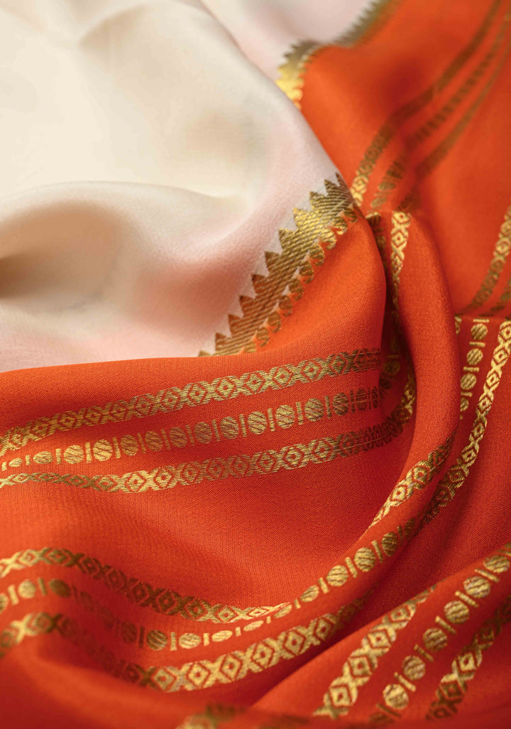Mubaggam 3-Part Mysore Silk Saree in Orange with Ivory and Dark Pink With Horizontal Zari stripes and Half Border in KSIC Grade Thickness | SILK MARK CERTIFIED