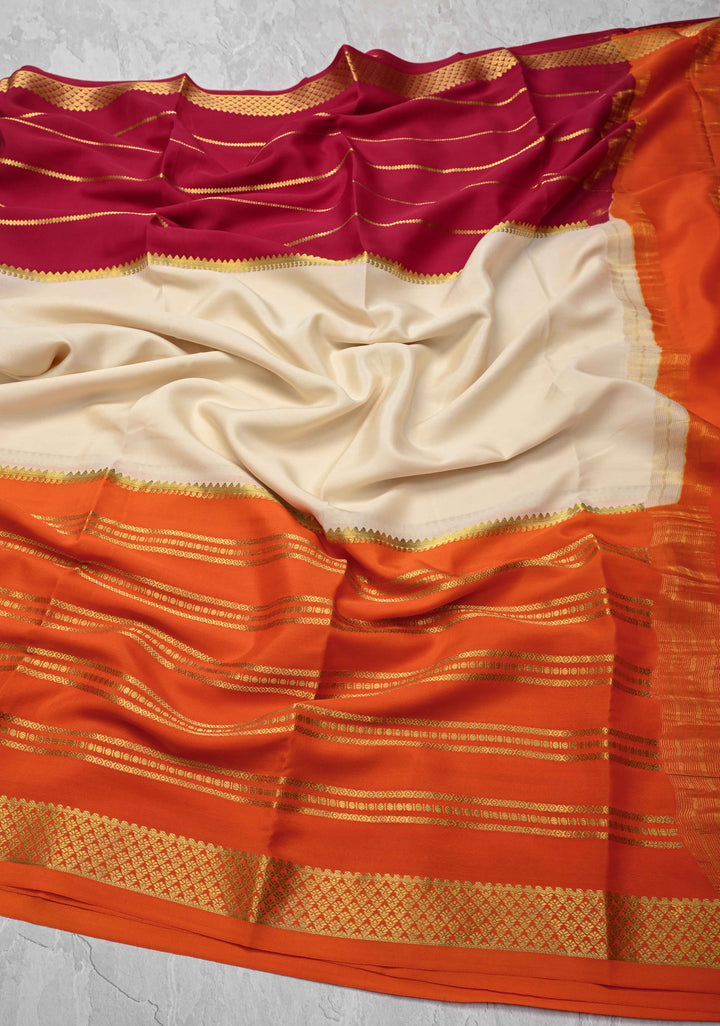 Mubaggam 3-Part Mysore Silk Saree in Orange with Ivory and Dark Pink With Horizontal Zari stripes and Half Border in KSIC Grade Thickness | SILK MARK CERTIFIED