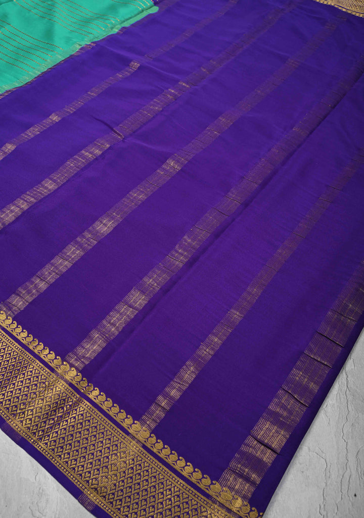 Cyan Blue Mysore Silk Saree with Horizontal Zari Stripes and Panel Border in KSIC Grade Thickness | SILK MARK CERTIFIED