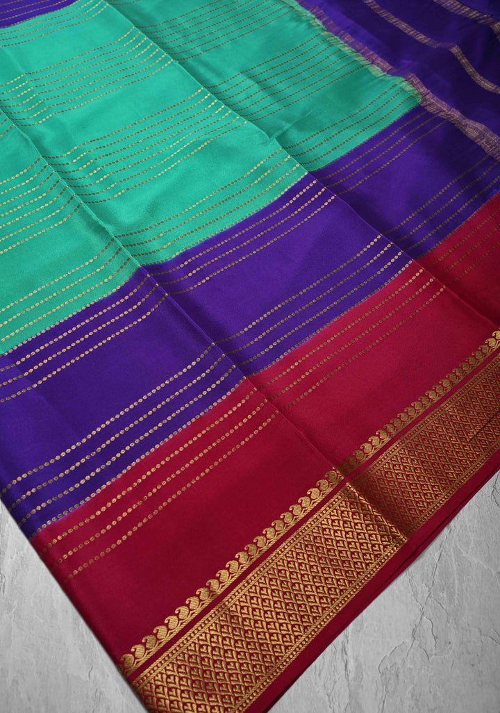 Cyan Blue Mysore Silk Saree with Horizontal Zari Stripes and Panel Border in KSIC Grade Thickness | SILK MARK CERTIFIED