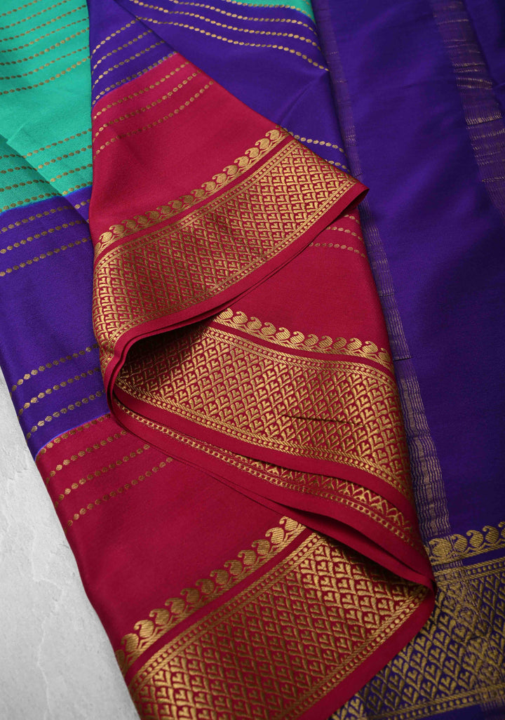 Cyan Blue Mysore Silk Saree with Horizontal Zari Stripes and Panel Border in KSIC Grade Thickness | SILK MARK CERTIFIED