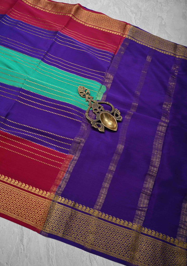 Cyan Blue Mysore Silk Saree with Horizontal Zari Stripes and Panel Border in KSIC Grade Thickness | SILK MARK CERTIFIED