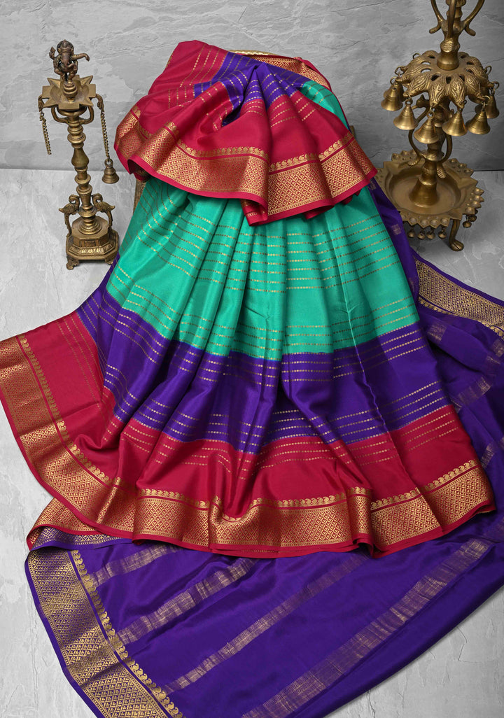 Cyan Blue Mysore Silk Saree with Horizontal Zari Stripes and Panel Border in KSIC Grade Thickness | SILK MARK CERTIFIED