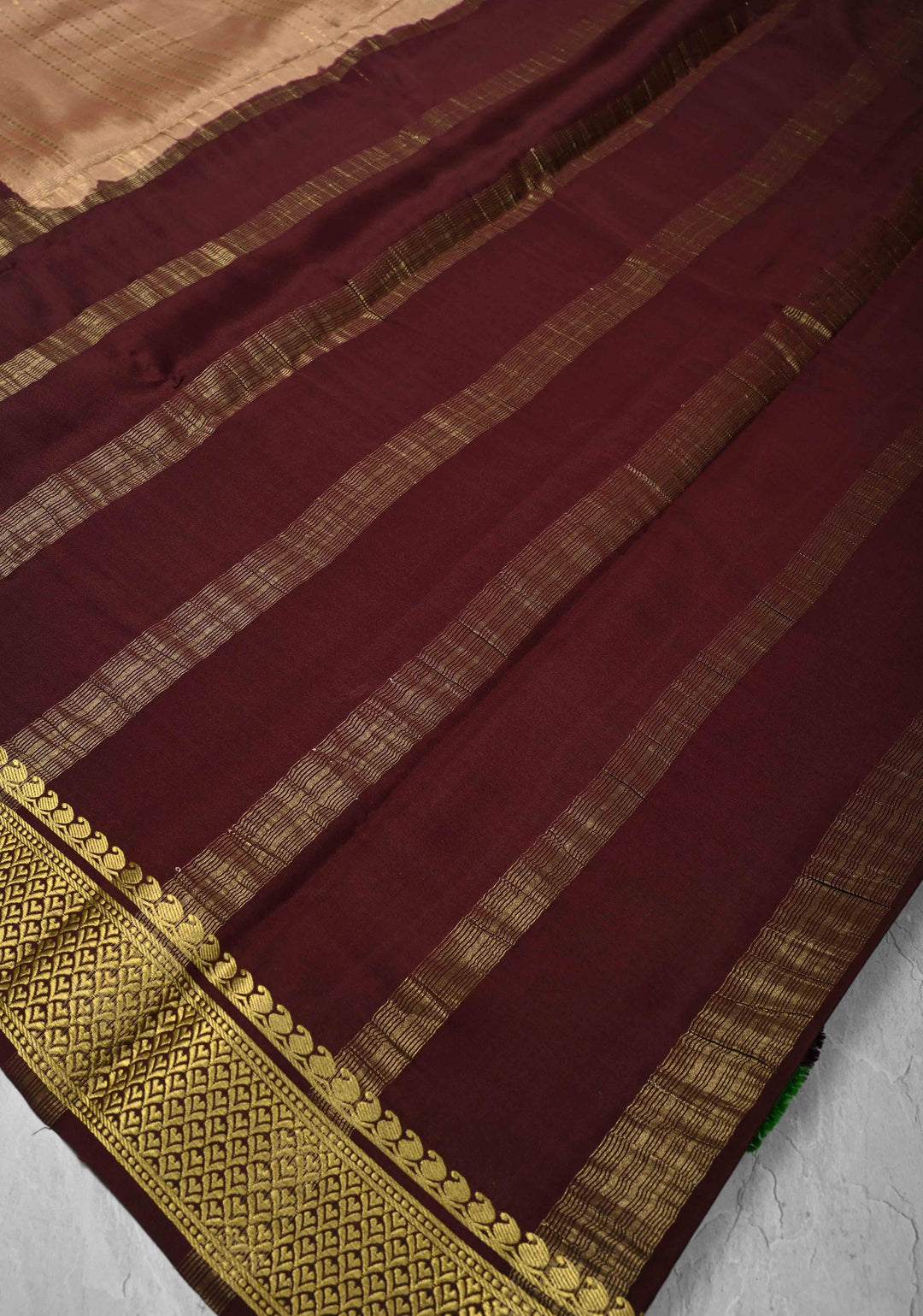 Wood Brown Mysore Silk Saree with Horizontal Zari Stripes and Panel Border in KSIC Grade Thickness | SILK MARK CERTIFIED