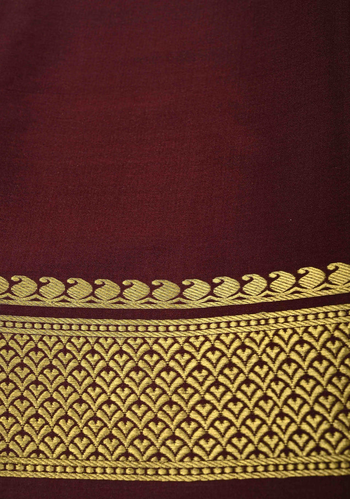 Wood Brown Mysore Silk Saree with Horizontal Zari Stripes and Panel Border in KSIC Grade Thickness | SILK MARK CERTIFIED