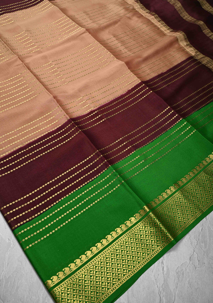 Wood Brown Mysore Silk Saree with Horizontal Zari Stripes and Panel Border in KSIC Grade Thickness | SILK MARK CERTIFIED