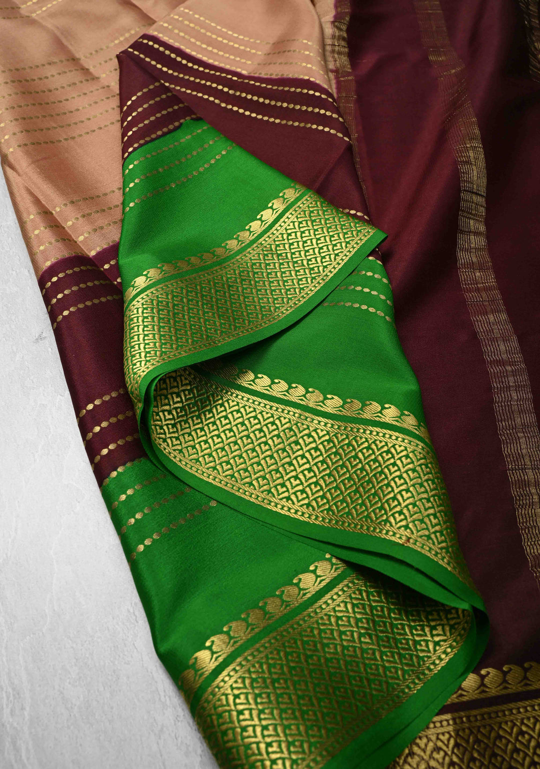Wood Brown Mysore Silk Saree with Horizontal Zari Stripes and Panel Border in KSIC Grade Thickness | SILK MARK CERTIFIED