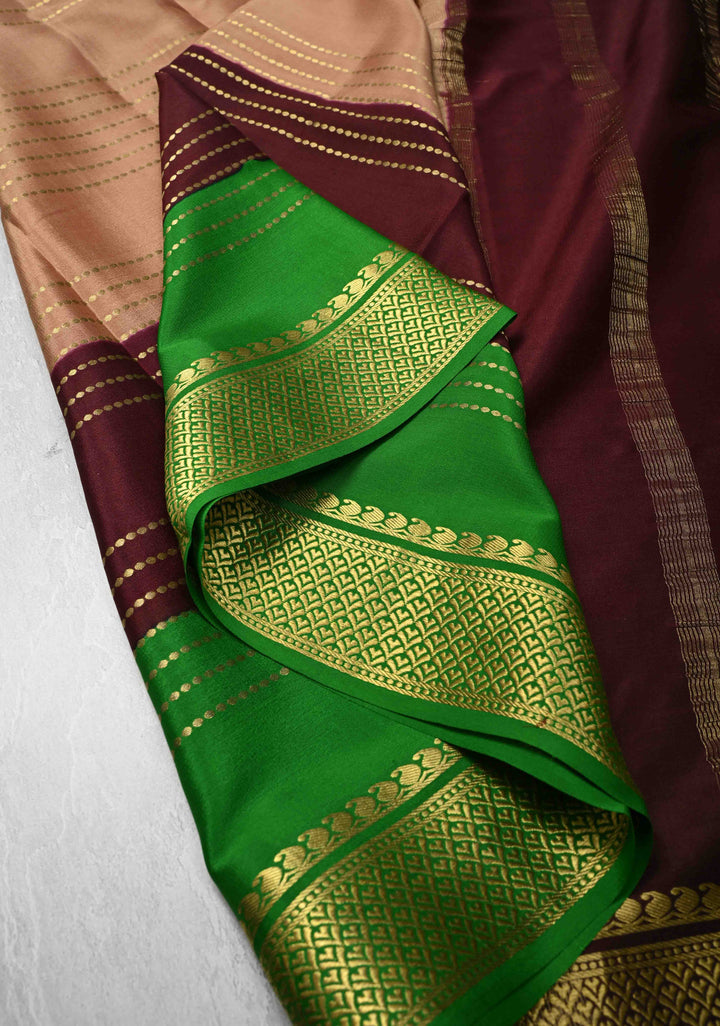 Wood Brown Mysore Silk Saree with Horizontal Zari Stripes and Panel Border in KSIC Grade Thickness | SILK MARK CERTIFIED
