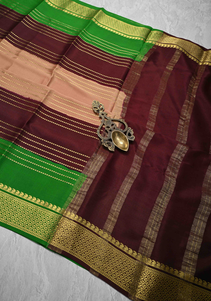 Wood Brown Mysore Silk Saree with Horizontal Zari Stripes and Panel Border in KSIC Grade Thickness | SILK MARK CERTIFIED