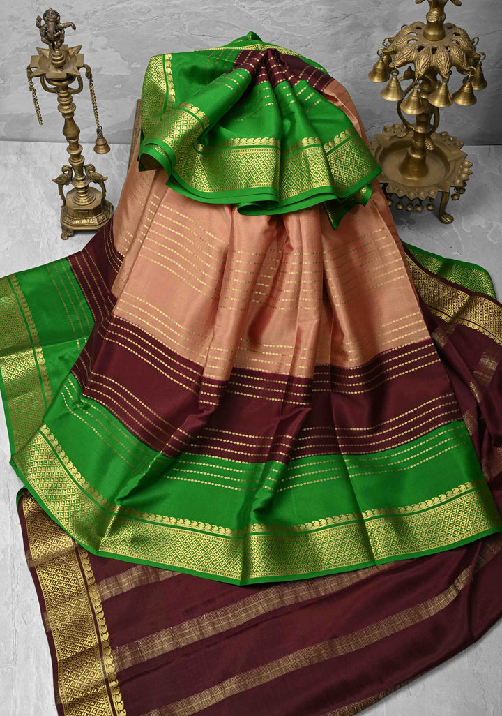 Wood Brown Mysore Silk Saree with Horizontal Zari Stripes and Panel Border in KSIC Grade Thickness | SILK MARK CERTIFIED