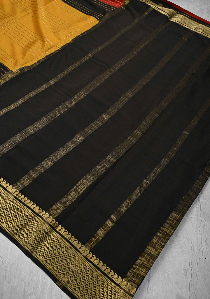 Mustard Yellow Mysore Silk Saree with Horizontal Zari Stripes and Panel Border in KSIC Grade Thickness | SILK MARK CERTIFIED