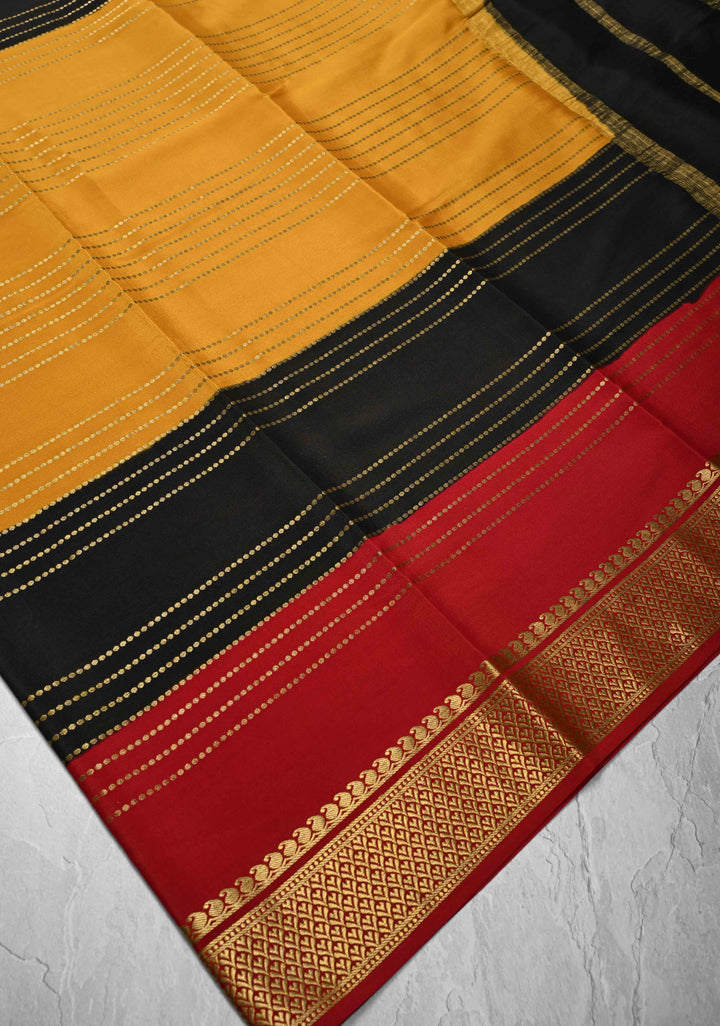 Mustard Yellow Mysore Silk Saree with Horizontal Zari Stripes and Panel Border in KSIC Grade Thickness | SILK MARK CERTIFIED