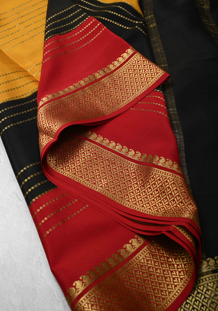 Mustard Yellow Mysore Silk Saree with Horizontal Zari Stripes and Panel Border in KSIC Grade Thickness | SILK MARK CERTIFIED