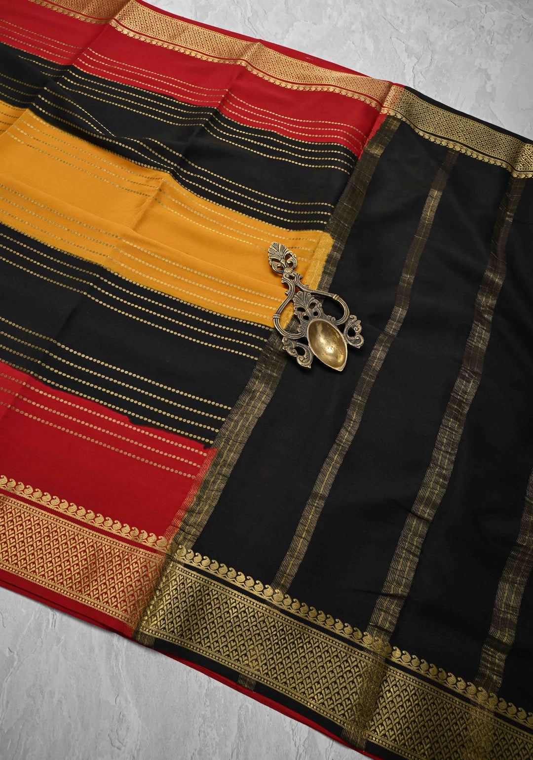 Mustard Yellow Mysore Silk Saree with Horizontal Zari Stripes and Panel Border in KSIC Grade Thickness | SILK MARK CERTIFIED
