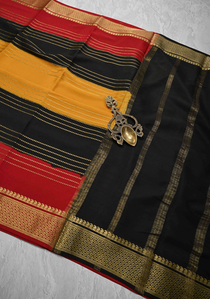 Mustard Yellow Mysore Silk Saree with Horizontal Zari Stripes and Panel Border in KSIC Grade Thickness | SILK MARK CERTIFIED