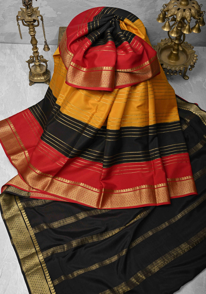 Mustard Yellow Mysore Silk Saree with Horizontal Zari Stripes and Panel Border in KSIC Grade Thickness | SILK MARK CERTIFIED