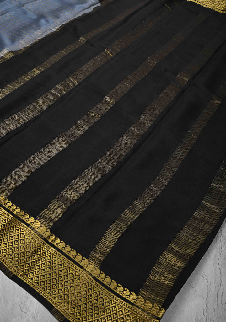 Gray Mysore Silk Saree with Horizontal Zari Stripes and Panel Border in KSIC Grade Thickness | SILK MARK CERTIFIED