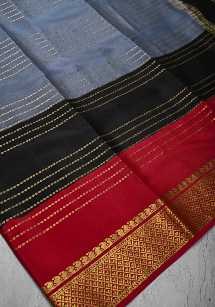 Gray Mysore Silk Saree with Horizontal Zari Stripes and Panel Border in KSIC Grade Thickness | SILK MARK CERTIFIED