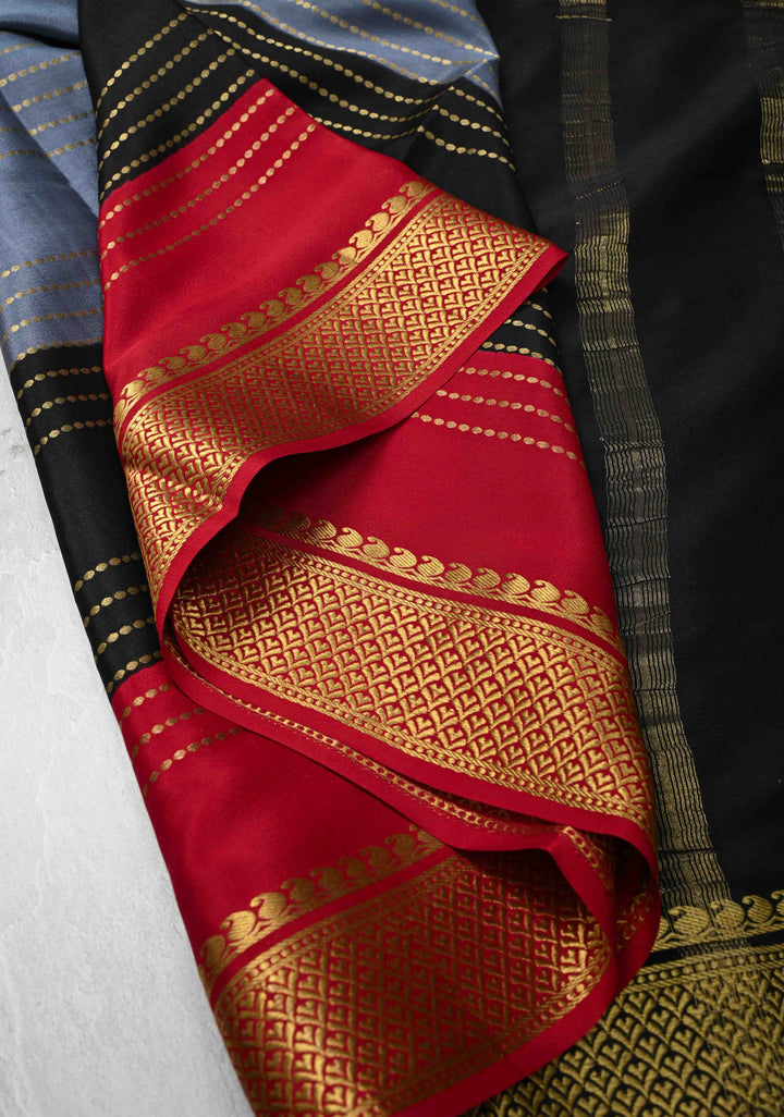 Gray Mysore Silk Saree with Horizontal Zari Stripes and Panel Border in KSIC Grade Thickness | SILK MARK CERTIFIED