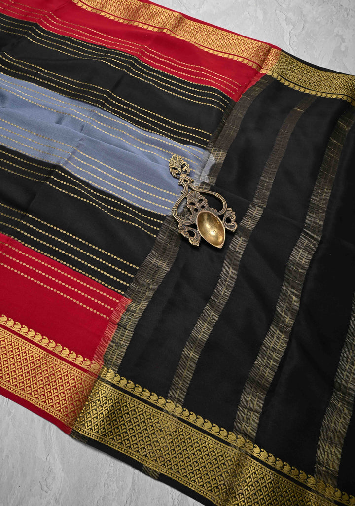 Gray Mysore Silk Saree with Horizontal Zari Stripes and Panel Border in KSIC Grade Thickness | SILK MARK CERTIFIED