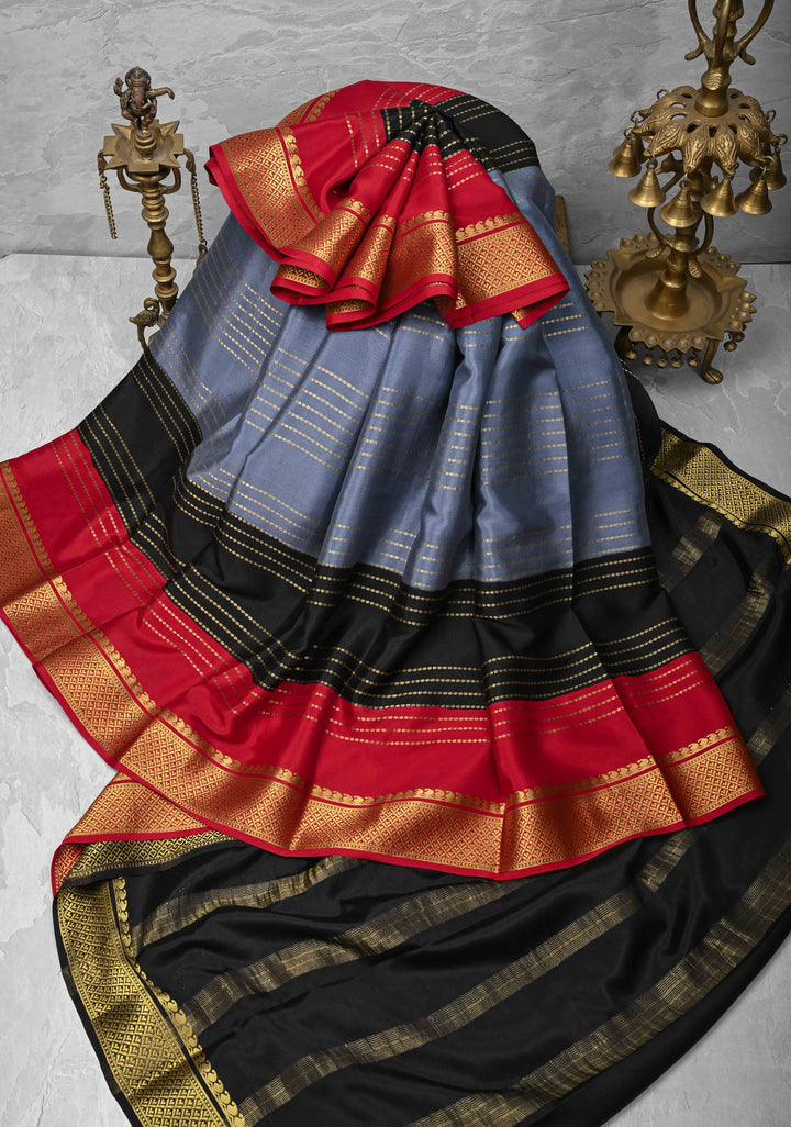 Gray Mysore Silk Saree with Horizontal Zari Stripes and Panel Border in KSIC Grade Thickness | SILK MARK CERTIFIED