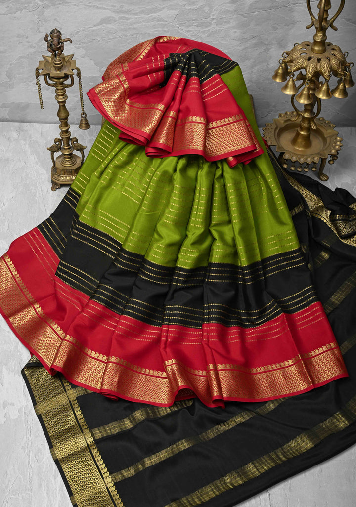 Olive Green Mysore Silk Saree with Horizontal Zari Stripes and Panel Border in KSIC Grade Thickness | SILK MARK CERTIFIED